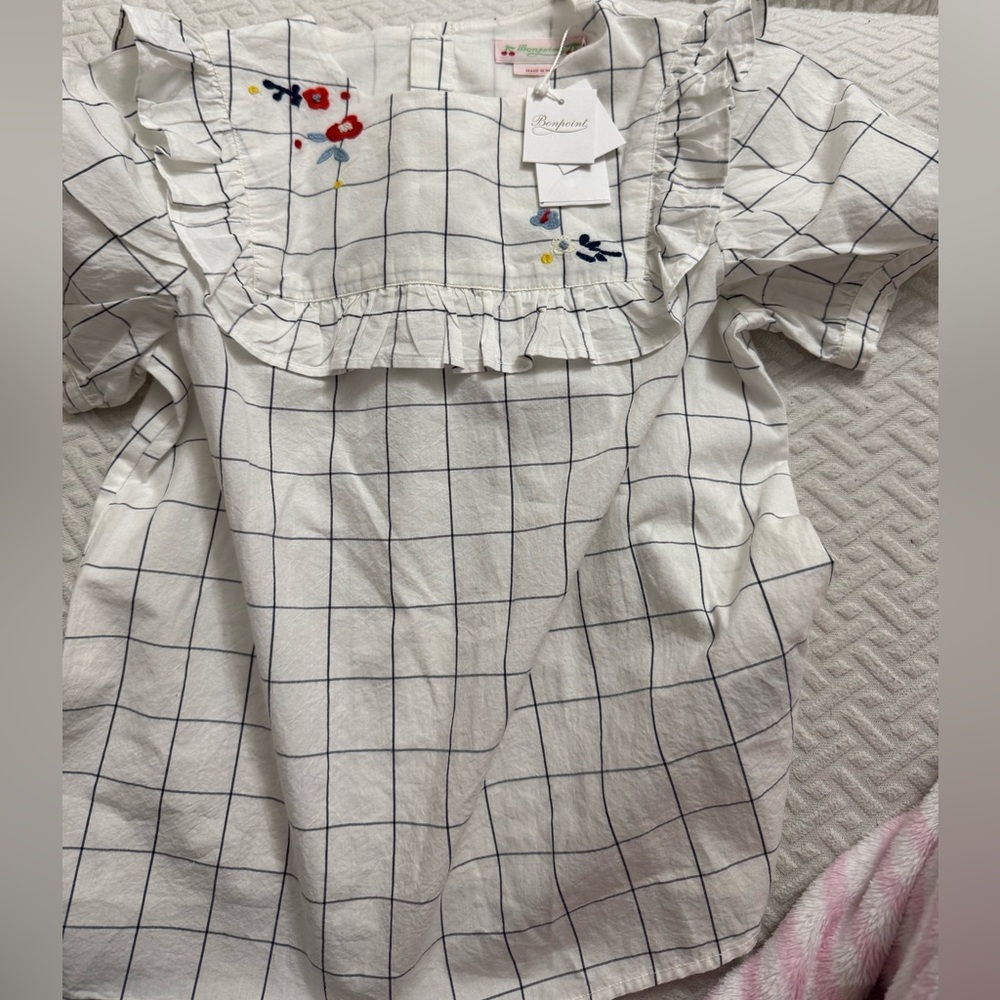 Bonpoint White Checkered Blouse with Floral Accents